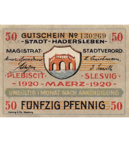 DANEMARK, ALLEMAGNE, HADERSLEBEN - 50 PFENNIG 1920