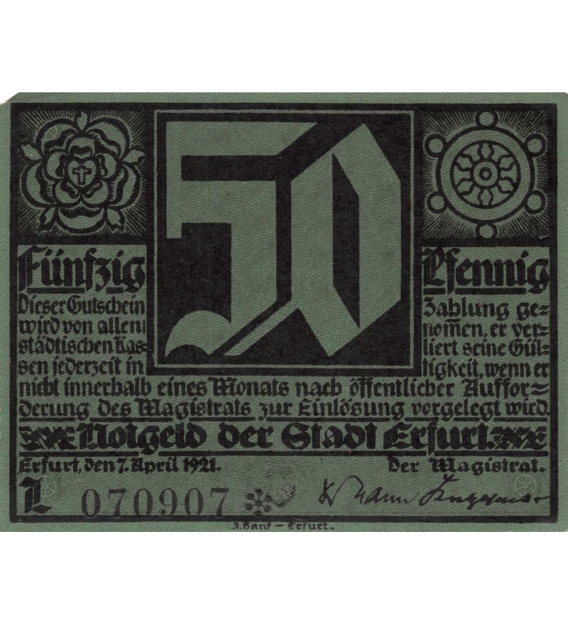 ALLEMAGNE, ERFURT - 50 PFENNIG 1921
