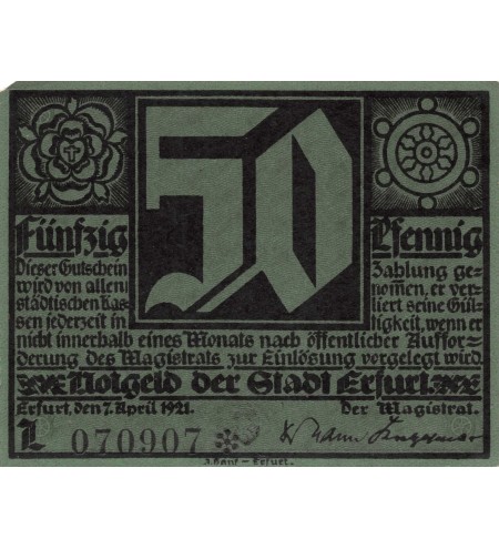 ALLEMAGNE, ERFURT - 50 PFENNIG 1921