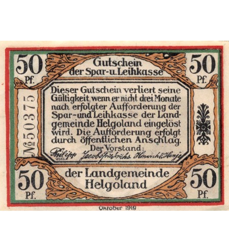 ALLEMAGNE, HELGOLAND - 50 PFENNIG 1919