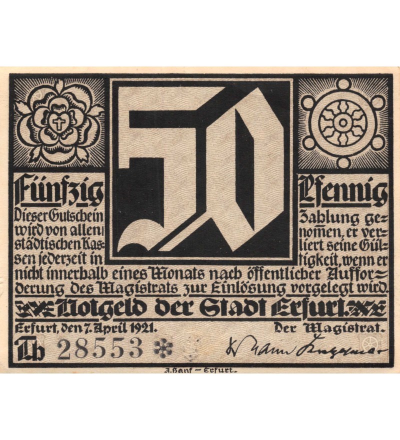 ALLEMAGNE, ERFURT - 50 PFENNIG 1921