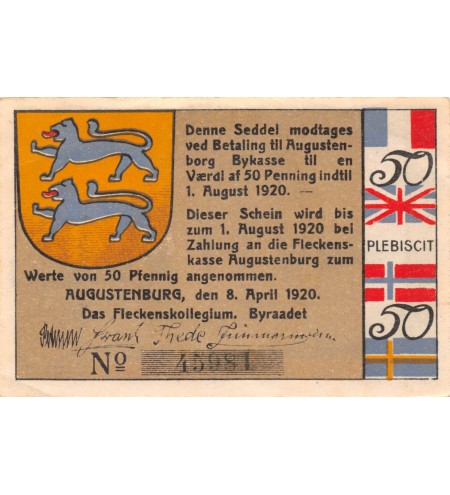 DANEMARK, ALLEMAGNE, AUGUSTENBORG - 50 PFENNIG 1920