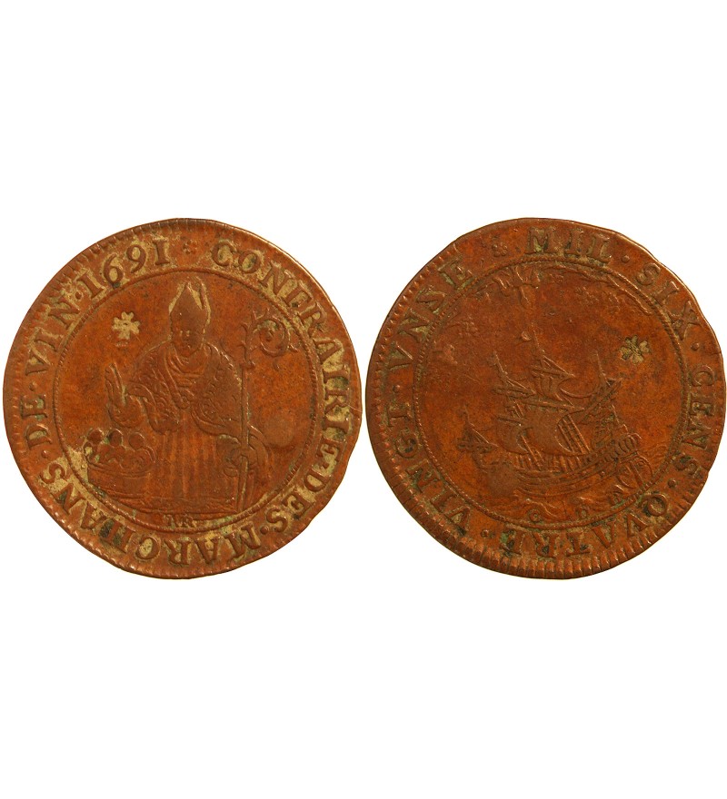 CORPORATIONS, Marchands de vin taverniers – JETON cuivre 1691 - F.5397