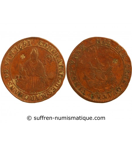 CORPORATIONS, Marchands de vin taverniers – JETON cuivre 1691 - F.5397