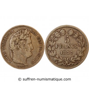 LOUIS PHILIPPE﻿ - 5 FRANCS ARGENT 1837 K BORDEAUX "2e Type Domard"