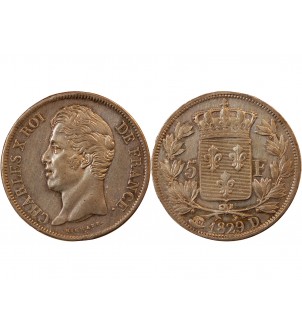 CHARLES X - 5 FRANCS ARGENT 1829 D LYON "2e Type" 2