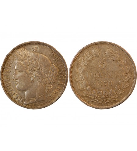 CERES - 5 FRANCS ARGENT 1870 K BORDEAUX "Sans Légende" RARE