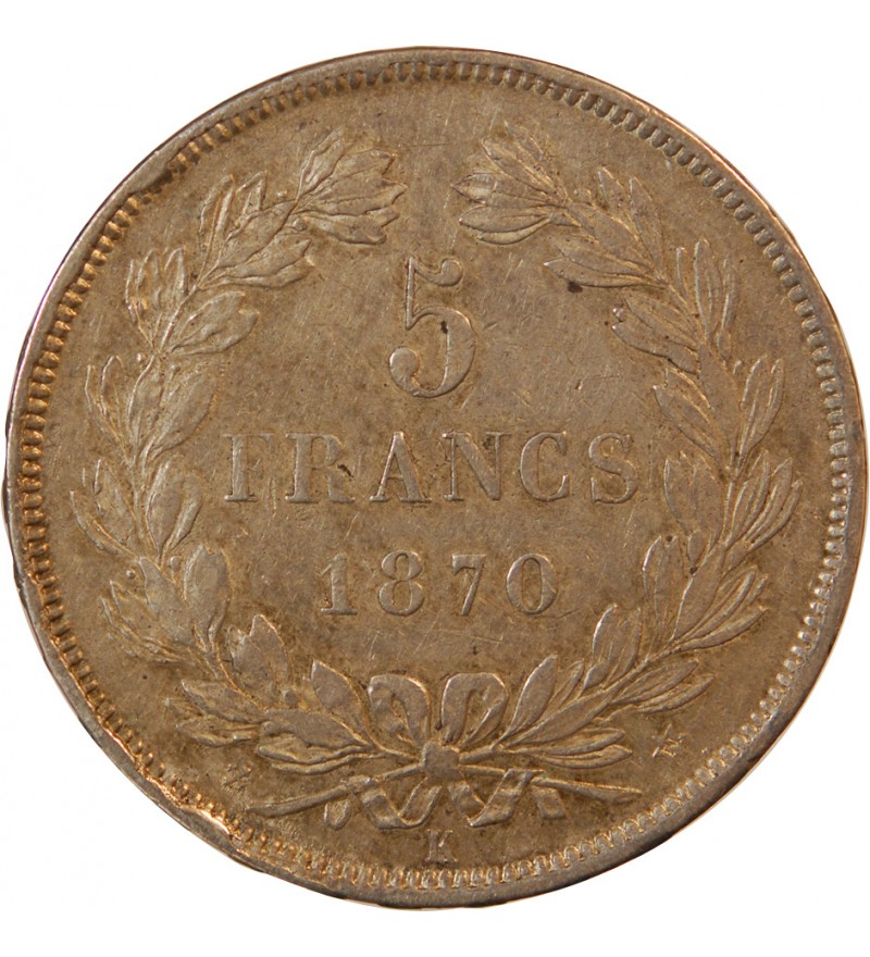 CERES - 5 FRANCS ARGENT 1870 K BORDEAUX "Sans Légende" RARE