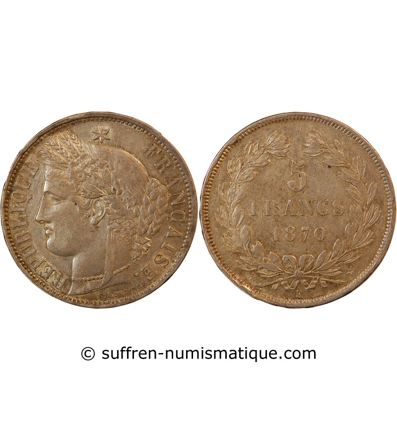 CERES - 5 FRANCS ARGENT 1870 K BORDEAUX "Sans Légende" RARE