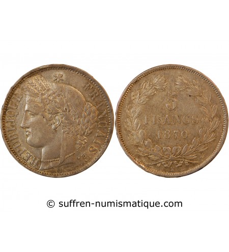 CERES - 5 FRANCS ARGENT 1870 K BORDEAUX "Sans Légende" RARE