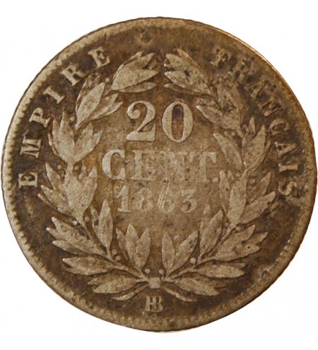 NAPOLEON III - 20 CENTIMES ARGENT 1863 BB STRASBOURG - Très Rare