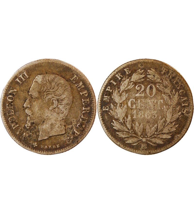 NAPOLEON III - 20 CENTIMES ARGENT 1863 BB STRASBOURG - Très Rare