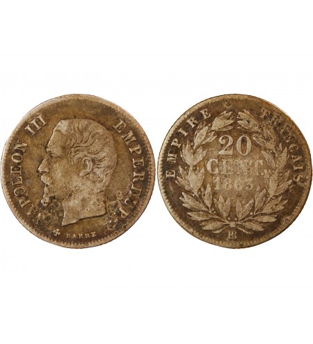 NAPOLEON III - 20 CENTIMES ARGENT 1863 BB STRASBOURG - Très Rare