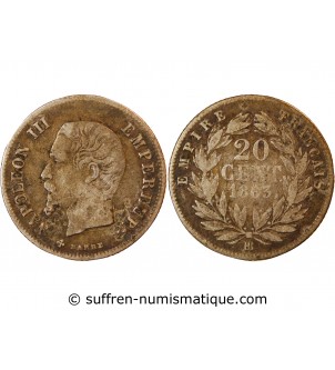 NAPOLEON III - 20 CENTIMES ARGENT 1863 BB STRASBOURG - Très Rare