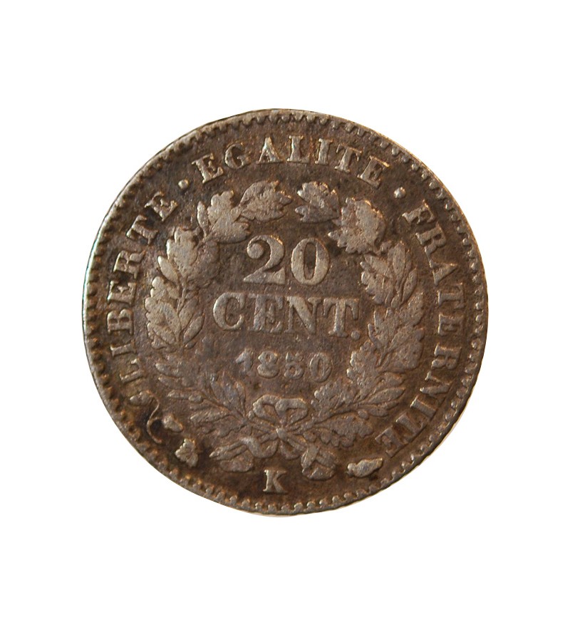 CERES - 20 CENTIMES ARGENT 1850 K BORDEAUX - Oreille Basse - Rare