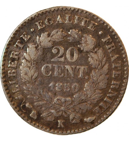 CERES - 20 CENTIMES ARGENT 1850 K BORDEAUX - Oreille Basse - Rare