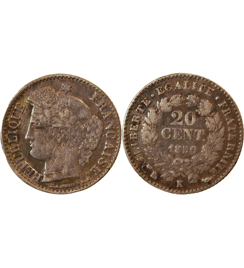 CERES - 20 CENTIMES ARGENT 1850 K BORDEAUX - Oreille Basse - Rare