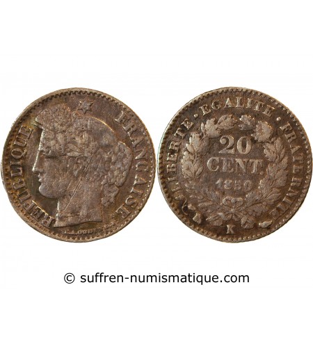 CERES - 20 CENTIMES ARGENT 1850 K BORDEAUX - Oreille Basse - Rare