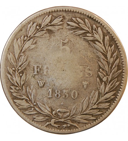 LOUIS PHILIPPE﻿ - 5 FRANCS ARGENT 1830 W LILLE "Type Tiolier sans le I, Tr creux"