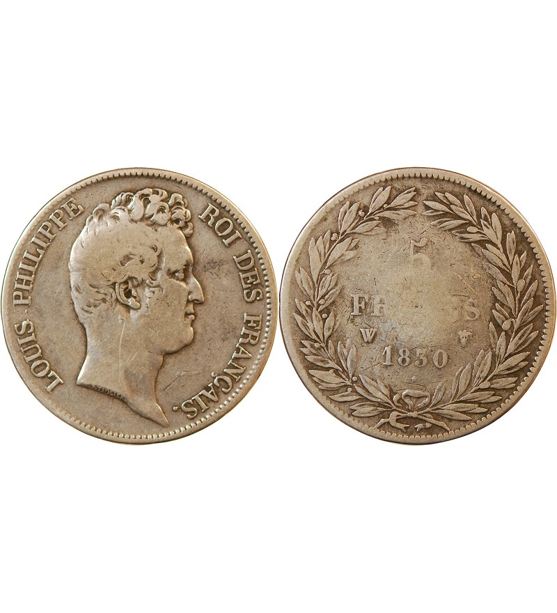 LOUIS PHILIPPE﻿ - 5 FRANCS ARGENT 1830 W LILLE "Type Tiolier sans le I, Tr creux"
