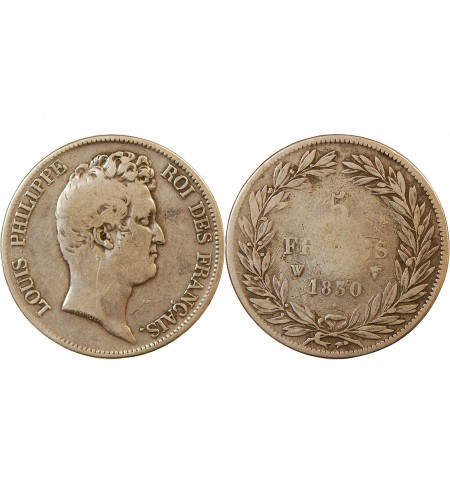 LOUIS PHILIPPE﻿ - 5 FRANCS ARGENT 1830 W LILLE "Type Tiolier sans le I, Tr creux"
