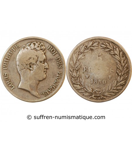 LOUIS PHILIPPE﻿ - 5 FRANCS ARGENT 1830 W LILLE "Type Tiolier sans le I, Tr creux"