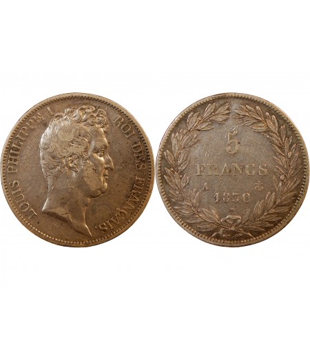 LOUIS PHILIPPE﻿ - 5 FRANCS ARGENT 1830 A PARIS "Type Tiolier avec le I, Tr creux"