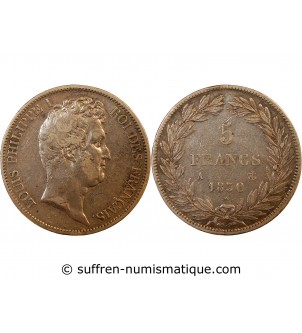 LOUIS PHILIPPE﻿ - 5 FRANCS ARGENT 1830 A PARIS "Type Tiolier avec le I, Tr creux"