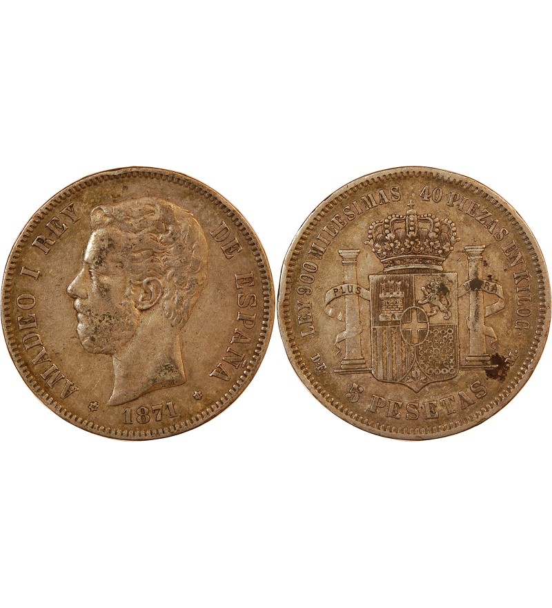 ESPAGNE, AMADEO I - 5 PESETAS ARGENT 1871 DE M