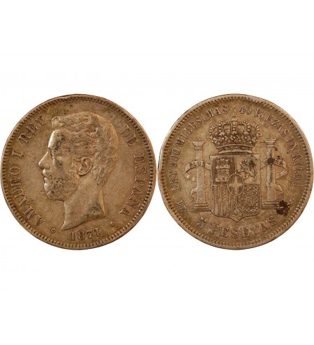 ESPAGNE, AMADEO I - 5 PESETAS ARGENT 1871 DE M