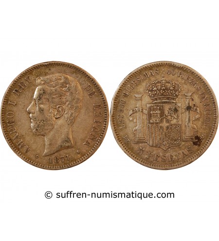 ESPAGNE, AMADEO I - 5 PESETAS ARGENT 1871 DE M