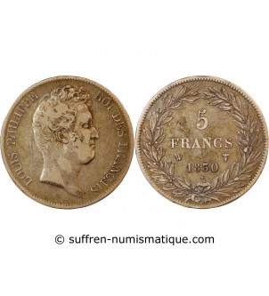 LOUIS PHILIPPE﻿ - 5 FRANCS ARGENT 1830 W LILLE "Type Tiolier avec le I, Tr creux"