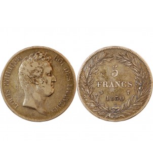 LOUIS PHILIPPE﻿ - 5 FRANCS ARGENT 1830 W LILLE "Type Tiolier avec le I, Tr creux" 2