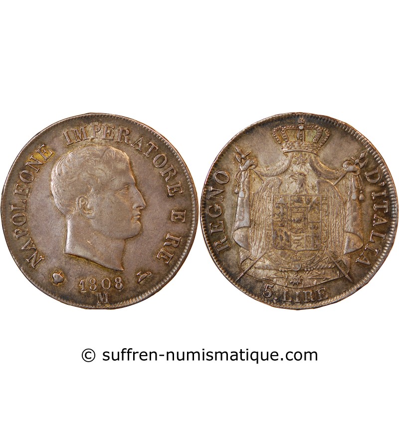 ITALIE, NAPOLEON﻿ 1er - 5 LIRE ARGENT 1808 M MILAN