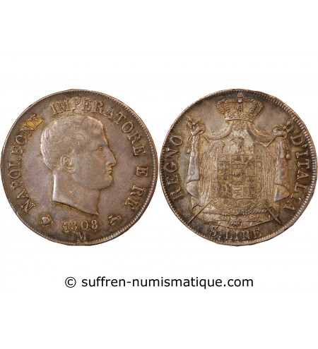 ITALIE, NAPOLEON﻿ 1er - 5 LIRE ARGENT 1808 M MILAN