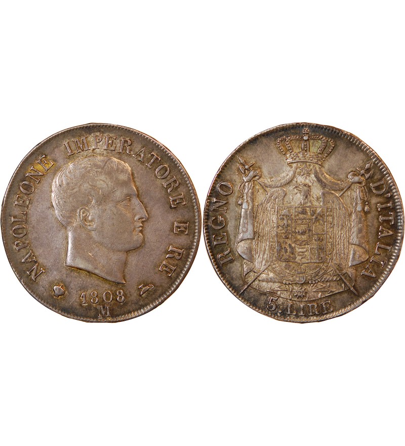 ITALIE, NAPOLEON﻿ 1er - 5 LIRE ARGENT 1808 M MILAN