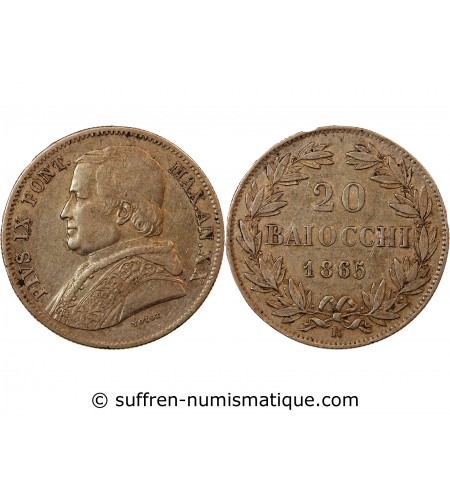 VATICAN, PIE IX - 20 BAIOCCHI 1865 ROME AN XX - Année .AN.