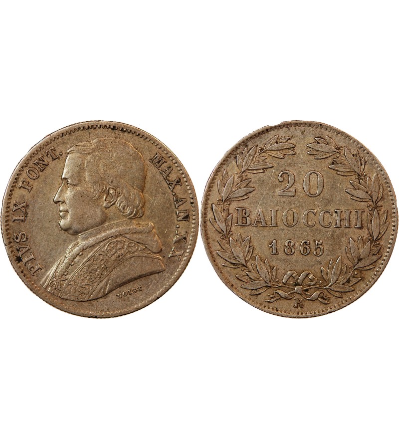 VATICAN, PIE IX - 20 BAIOCCHI 1865 ROME AN XX - Année .AN.