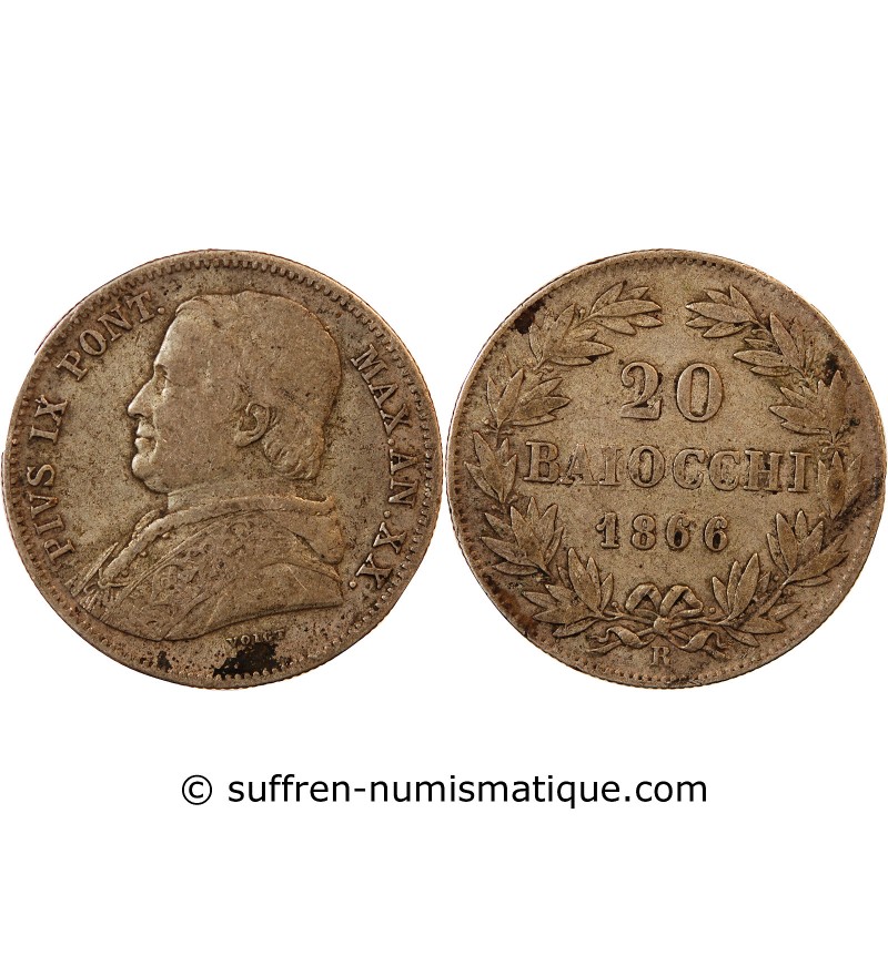 VATICAN, PIE IX - 20 BAIOCCHI 1866 ROME AN XX