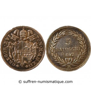 VATICAN, GREGOIRE XVI - 5 BAIOCCHI 1842 ROME AN XII