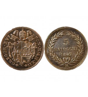 VATICAN, GREGOIRE XVI - 5 BAIOCCHI 1842 ROME AN XII 2