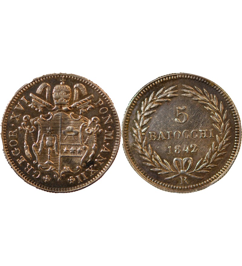 VATICAN, GREGOIRE XVI - 5 BAIOCCHI 1842 ROME AN XII