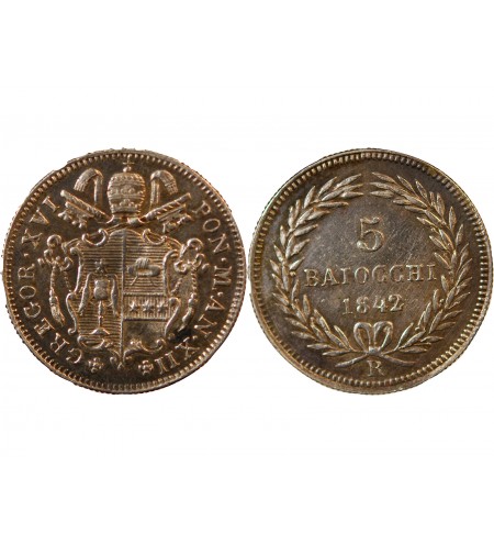 VATICAN, GREGOIRE XVI - 5 BAIOCCHI 1842 ROME AN XII