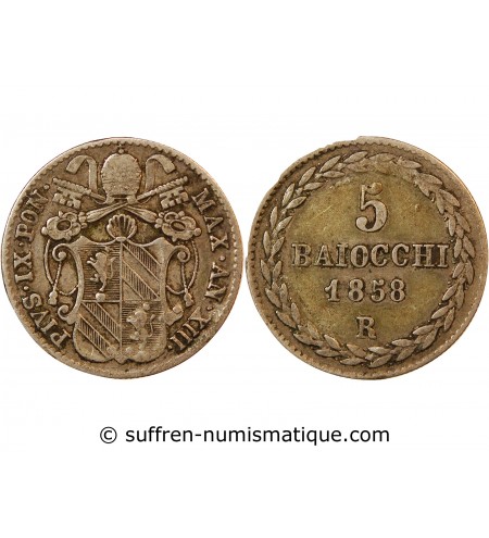 VATICAN, PIE IX - 5 BAIOCCHI 1858 ROME AN XIII