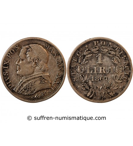 VATICAN, PIE IX - 1 LIRE 1867 ROME AN XXII