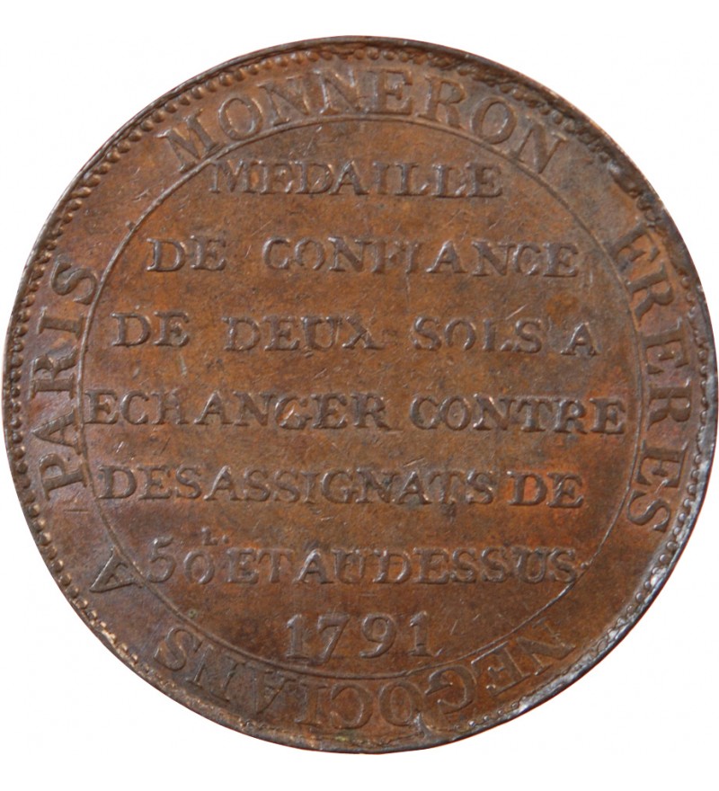 MONNAIE DE CONFIANCE - MONNERON 2 SOLS AU SERMENT 1791 BIRMINGHAM