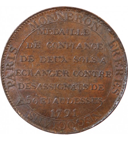 MONNAIE DE CONFIANCE - MONNERON 2 SOLS AU SERMENT 1791 BIRMINGHAM