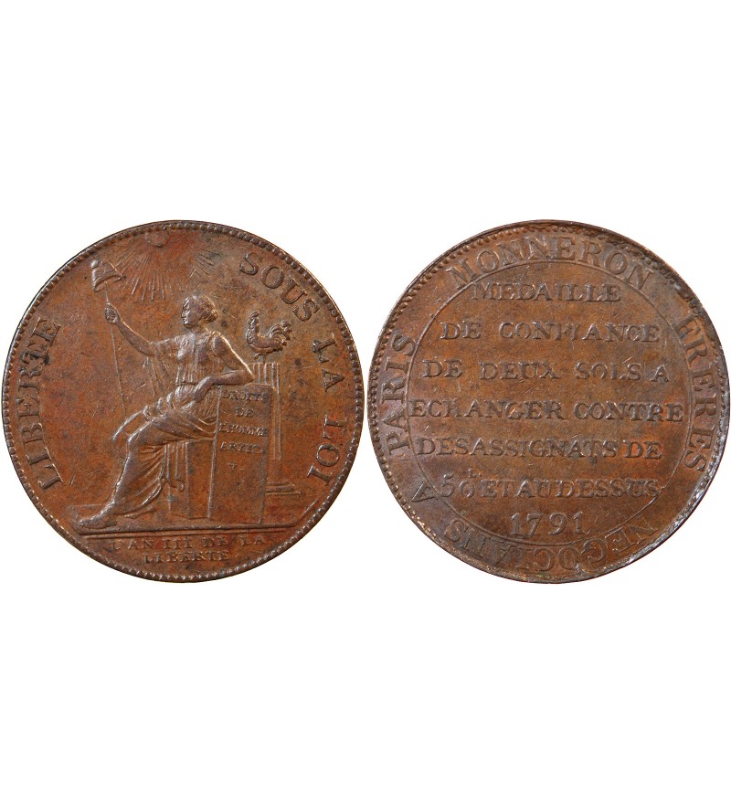 MONNAIE DE CONFIANCE - MONNERON 2 SOLS AU SERMENT 1791 BIRMINGHAM