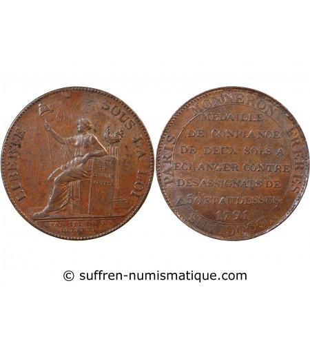 MONNAIE DE CONFIANCE - MONNERON 2 SOLS AU SERMENT 1791 BIRMINGHAM