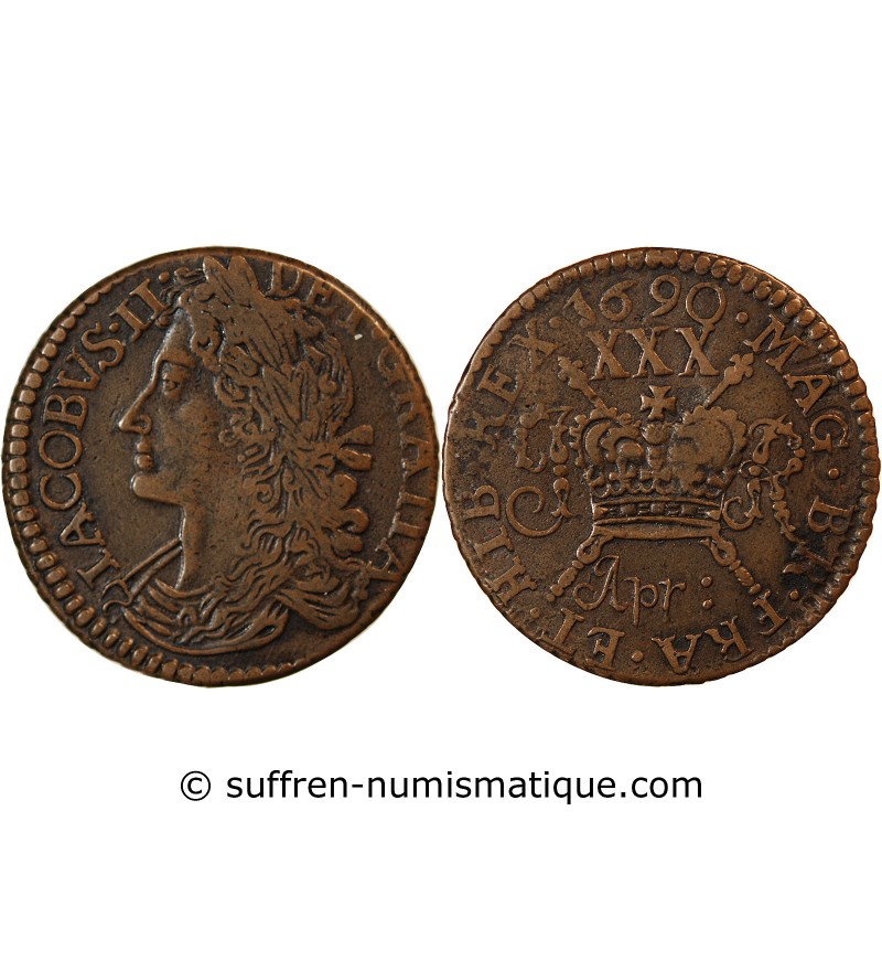 IRLANDE, JAMES II - 30 PENCE APRIL 1690 - Gun Money Coinage